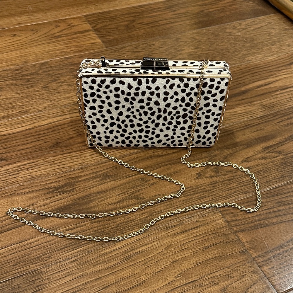 BCBG Spotted Black and White cslf Hair Mini Chain Crossbody Clutch. NWT.